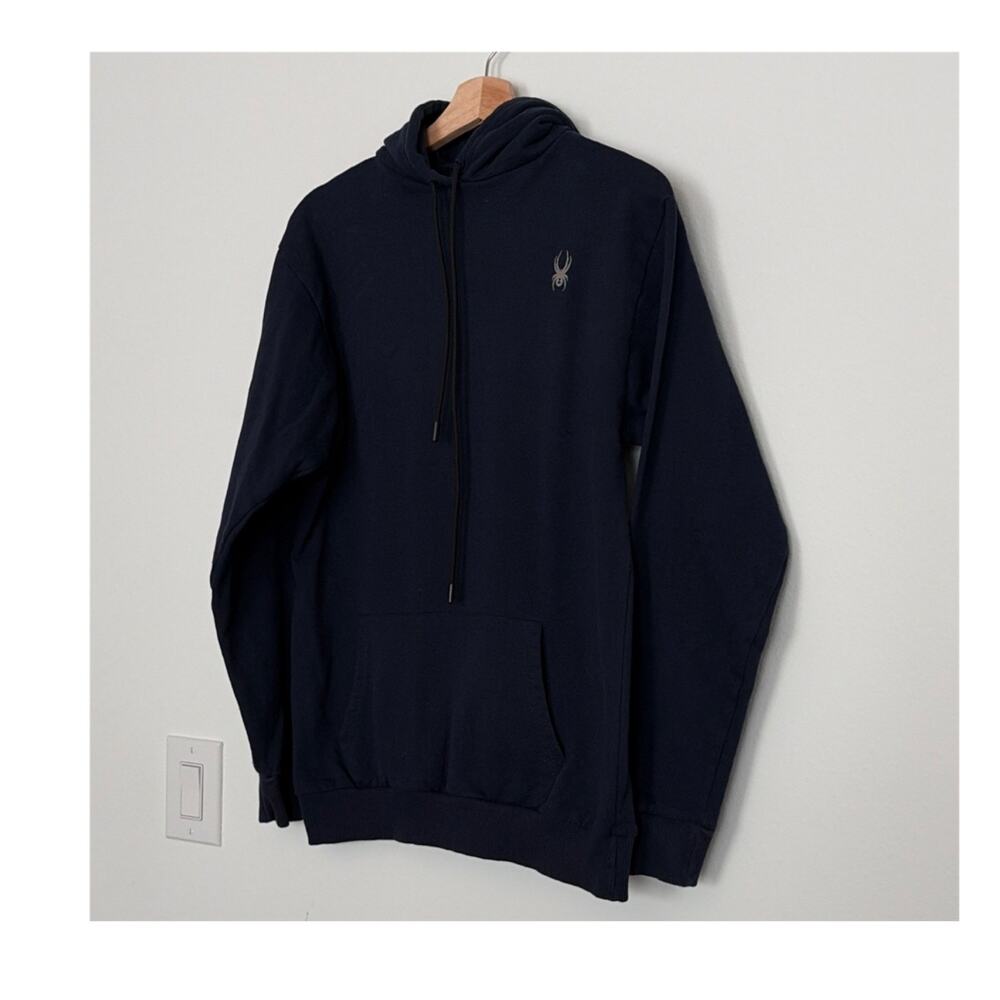 Spyder Logo Pullover Fleece Hoodie Navy Blue Long Sleeve Solid Men's Regular M